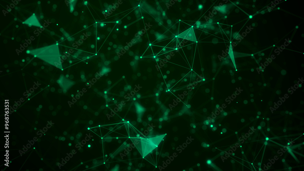 Poster futuristic geometric flow with connecting points and lines. abstract green digital background. globa