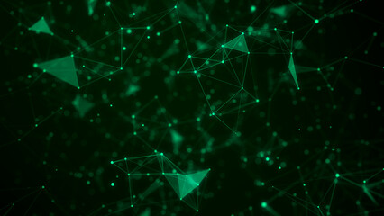 Futuristic geometric flow with connecting points and lines. Abstract green digital background. Global network concept. Big data complex with compounds. 3D rendering.