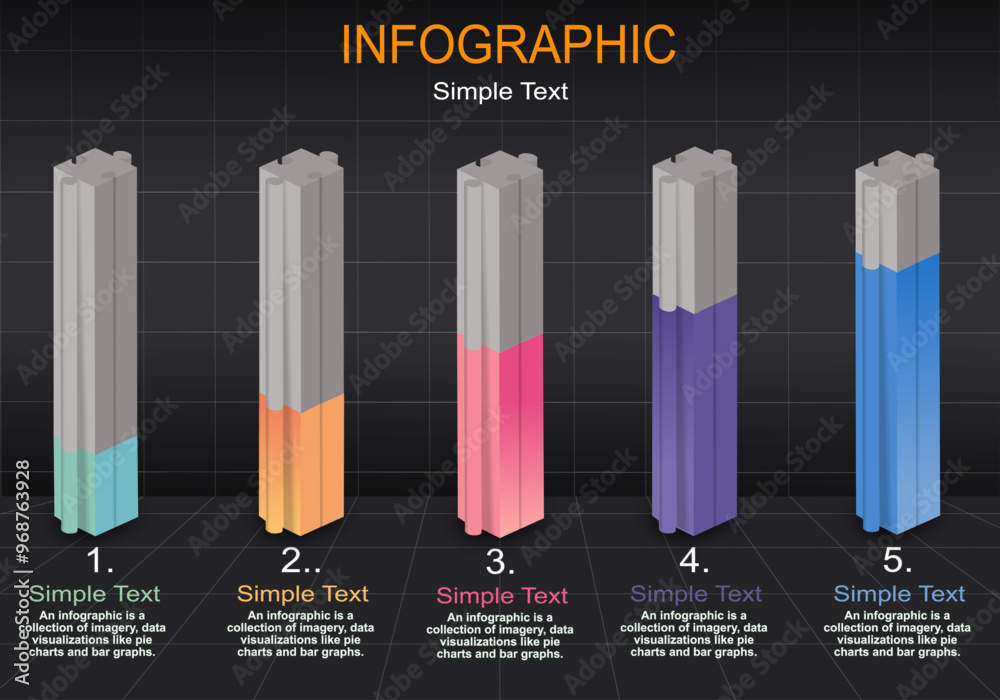 Poster modern style vector infographic with 5 consecutive stable bar graphs with grey frame showing increas