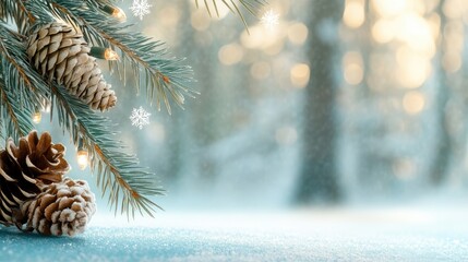 Close-up of Christmas tree branches with New Year holiday decorations for a festive greeting card, featuring a blurred bokeh background.