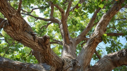 Fototapeta premium Trees: Grand, mature trees with broad branches and sturdy trunks, creating shady spots and homes for local wildlife like birds and squirrels. 
