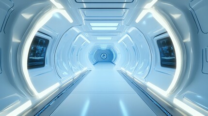 Obraz premium A sleek, high-tech corridor within a futuristic spacecraft, showcasing multifunctional materials and glowing blue and white lighting.