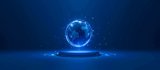 Futuristic glowing Earth hologram on circular base, digital world map, global network concept, cyber technology background, blue neon light, abstract global business innovation