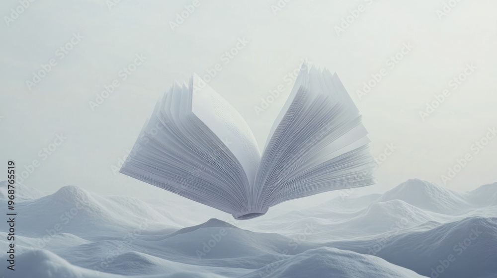 Poster Open Book Hovering Over a Snowy Landscape