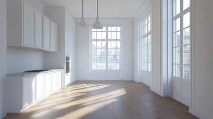 Fototapeta premium A spacious kitchen with minimalist white cabinets, large windows, and natural light highlighting the wooden flooring in a modern, clean aesthetic