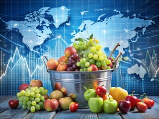 "Grapes and apples flowing into a tub, amidst a backdrop of financial charts, global maps, and consumer data tables, illustrating market trends and consumer behavior."