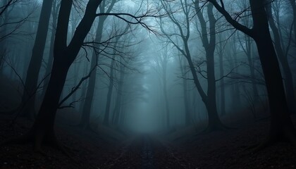 A Foggy, Dark Forest with Tangled Branches and Mysterious Shadows Lurking