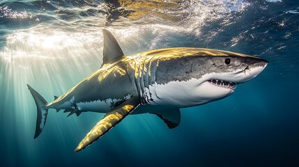 Fototapeta premium A great white shark swims through the blue water with sunlight shining down from above.