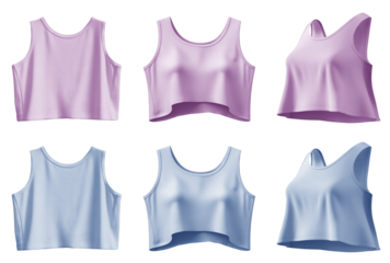 2 Set of pastel light blue purple woman loose cropped midriff sleeveless tank singlet tee t shirt round neck, front back side view on transparent cutout PNG. Mockup template for artwork design