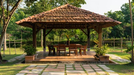 Fototapeta premium Gazebos: Elegant open-sided shelters with roofs, crafted from wood or metal, providing a shaded area for gatherings, events, or relaxing in the park. 