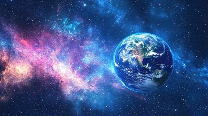 Obraz premium A stunning depiction of Earth, set against the backdrop of a vibrant galaxy, with swirling stars and colorful cosmic dust filling the sky