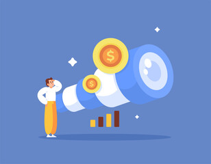 business opportunity concept. vision and future. seeking profit and money. a visionary seeking opportunity and chance to succeed using a telescope. flat style design. elements