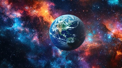 Obraz premium A stunning depiction of Earth, set against the backdrop of a vibrant galaxy, with swirling stars and colorful cosmic dust filling the sky