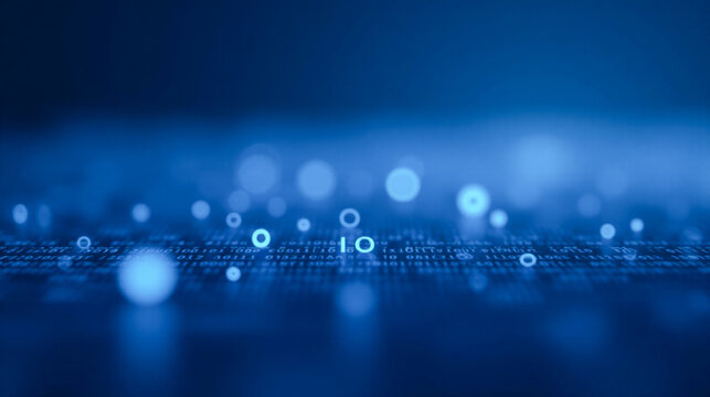 Abstract technology background with glowing binary code, digital data stream visualization, futuristic cyberspace concept, blue illuminated circles on dark backdrop, computer network theme