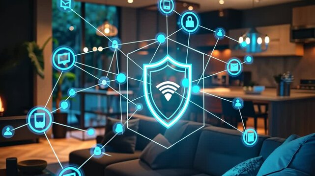 digital shield of smart home security system floats above a modern living room