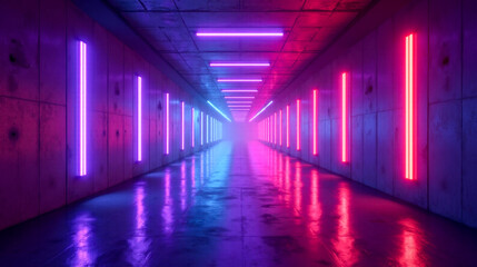 Fototapeta premium Futuristic neon-lit corridor with vibrant pink blue lights, reflective floor, textured walls, atmospheric perspective in modern setting for sci-fi or cyberpunk themed background