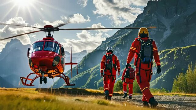 Rescue workers in bright orange uniforms walking towards a red helicopter ready for a mountain emergency operation at dawn.