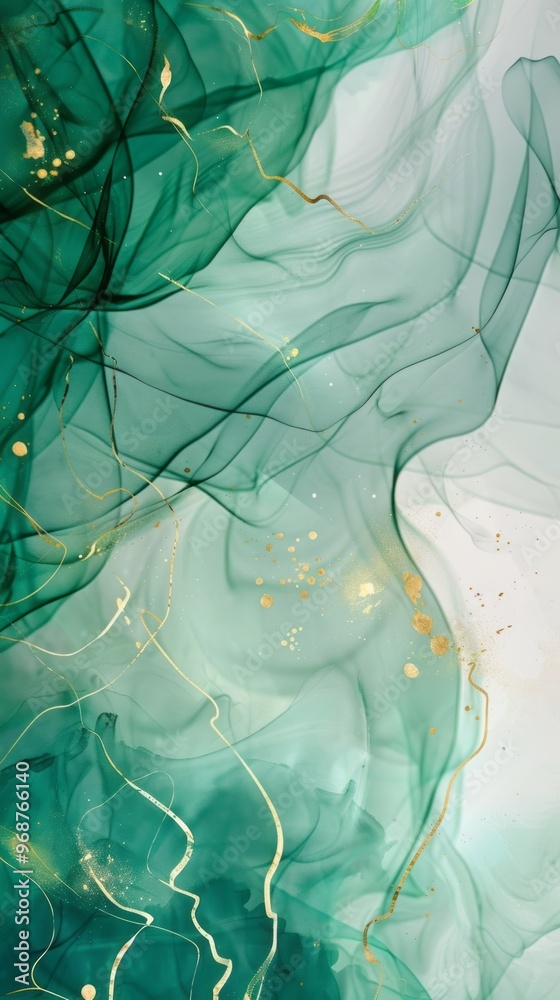 Poster ethereal watercolor background with swirling green and turquoise hues, adorned with delicate gold li