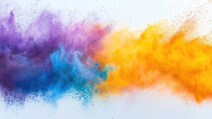 Obraz premium A vibrant explosion of Holi powder, blending yellow, purple, orange, and blue in a colorful celebration on a white backdrop.