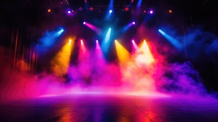 A vibrant rock stage set in an empty venue, with colorful lights shining through fog machines, creating an electric atmosphere