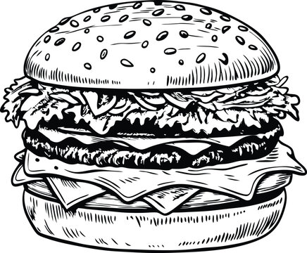 recommend clip art: retro style sketch of big burger, hamburger hand drawn vector illustration