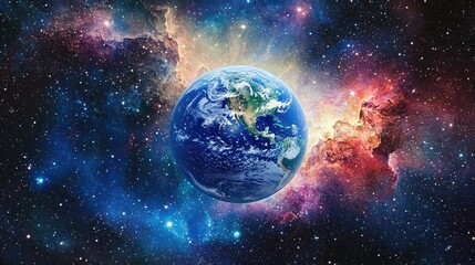 Obraz premium A vivid view of Earth suspended in the vastness of space, surrounded by twinkling stars and vibrant cosmic nebulae, highlighting the beauty of our planet