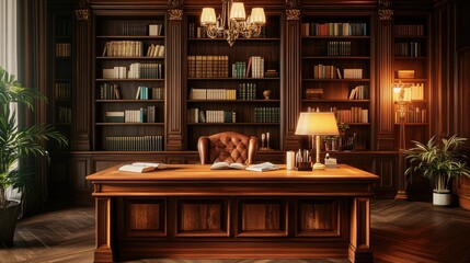 A wooden desk in an elegant study room, surrounded by bookshelves and classic decor, illuminated by soft, bright lighting.