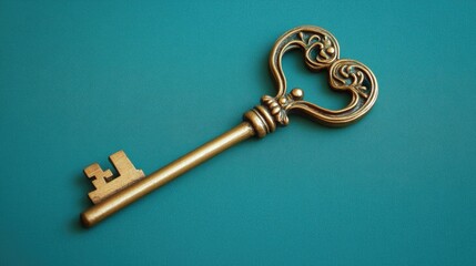 An antique golden key with a heart-shaped handle on a teal background, emphasizing its vintage charm and intricate design