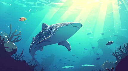 Fototapeta premium A large whale shark swims through a vibrant coral reef, with sunbeams shining through the water.