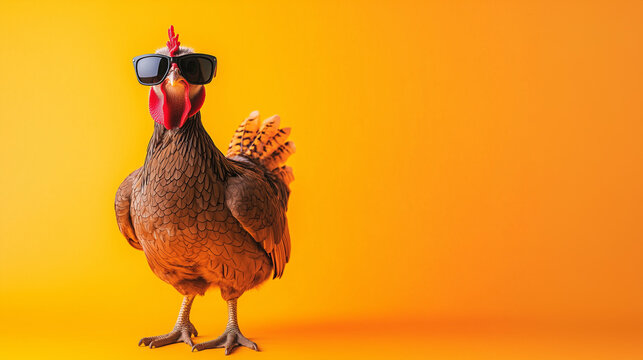 A full-body shot of a chicken wearing sunglasses, isolated on an orange background with copy space.  Commercial, advertising shot. Minimalism. 