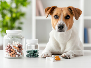 A curious dog sits beside various bottles of pet medications, highlighting the importance of health and care for pets.