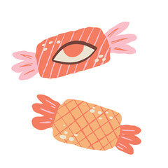 Cute Halloween sweet Treat Candies. Retro hand drawn Autumn Isolated stickers