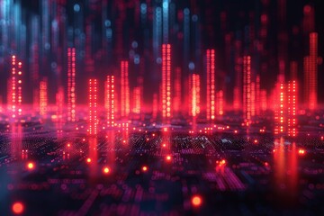 Fototapeta premium Abstract futuristic cityscape with glowing red and blue lights on a circuit board background.
