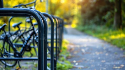 Fototapeta premium Bicycle Racks: Metal stands for securely parking and locking bikes, typically located near entrances or popular spots for convenience and safety. 