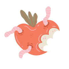 Obraz premium Cute Halloween Apple with Worms. Retro hand drawn Autumn Isolated stickers