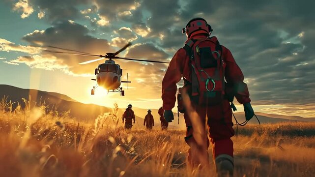 Rescue workers in bright orange uniforms walking towards a red helicopter ready for a mountain emergency operation at dawn.