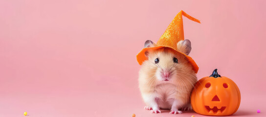 Fototapeta premium Cute hamster in Halloween hat next to pumpkin, perfect for festive fun!