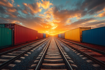 Fototapeta premium freight train with containers, railway at sunset