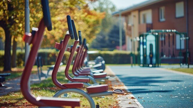 Exercise Stations: Outdoor gym areas with sturdy metal equipment, including pull-up bars, stationary bikes, and stretching zones for diverse and effective workouts.