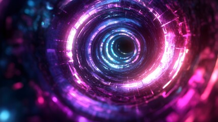 Neon spiral tunnel leading into the unknown in a futuristic 3D space