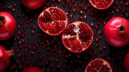 Pomegranate half and fresh raspberries with scattered seeds on a background.