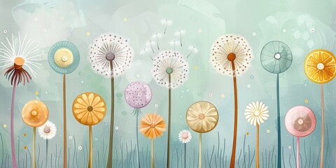 A soft and colorful group of dandelion heads in pastel watercolor, perfect for planners and notebooks.
