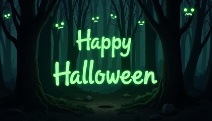 A Dark Forest with Glowing Eyes Peeking Through the Trees and 'Happy Halloween' Written in Glowing Green Script