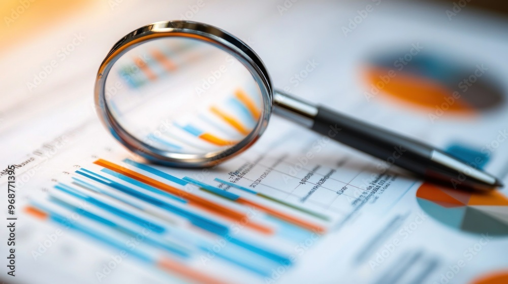 Poster magnifying glass examining financial charts and graphs