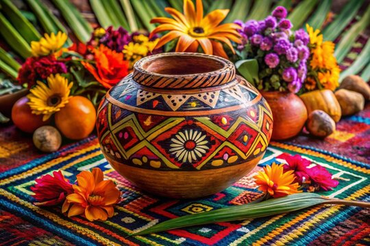 Ancient Mesoamerican ritual vessel, Jicaro, crafted with intricate designs and symbols, resting on a woven reed mat, surrounded by vibrant tropical flowers.