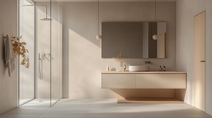 Fototapeta premium Modern Minimalist Bathroom with Floating Vanity and Glass-Enclosed Shower