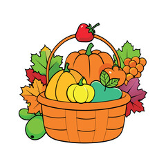 autumn Basket with pumpkin, grapes, apples and pears Clipart isolated vector illustration