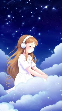 Vertical footage of anime girl with headphones sitting on clouds under a starry sky