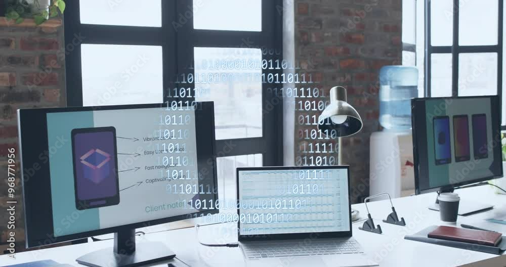 Aufkleber animation of binary coding, globe and data processing over computers on desks in office