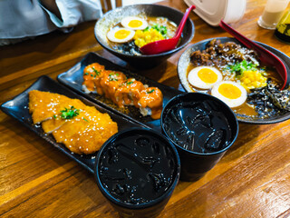 Japanese food display on a restaurant table